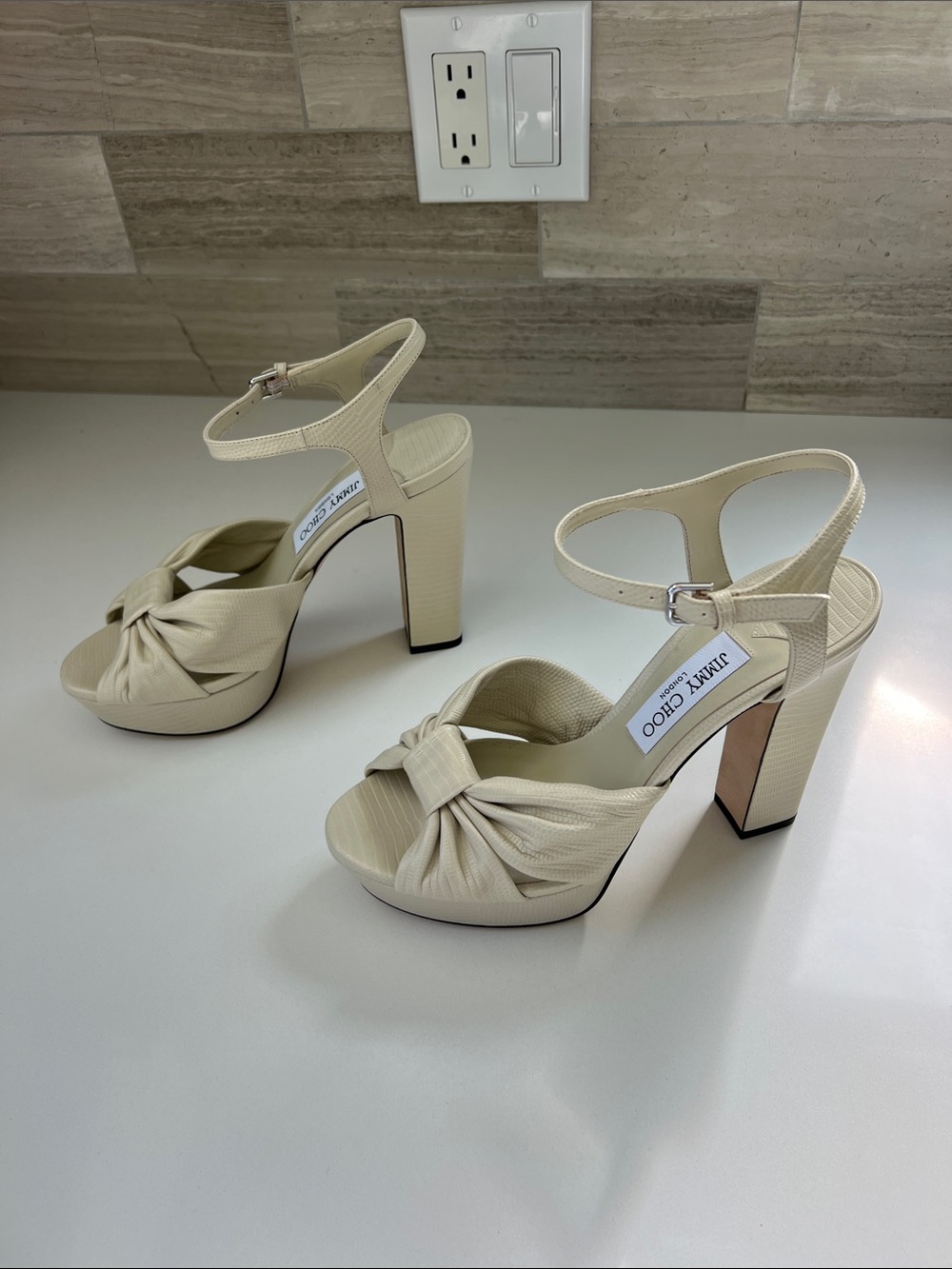 Jimmy Choo heloise 120 bamboo cream light tan soft lizard printed leather heels - Picture 12 of 12